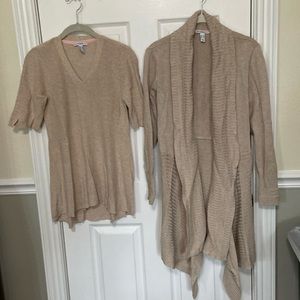 2 Isaac Mizrahi Cream Sweaters - Short Sleeve Peplum, Long Sleeve Shawl Cardi